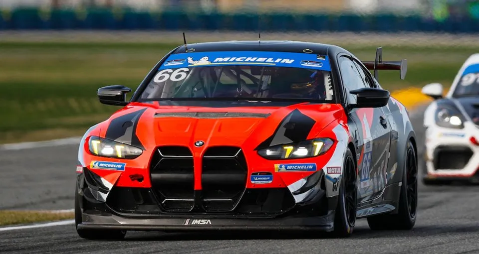 No. 66 BMW M4 GT4 EVO on track at Daytona International Speedway