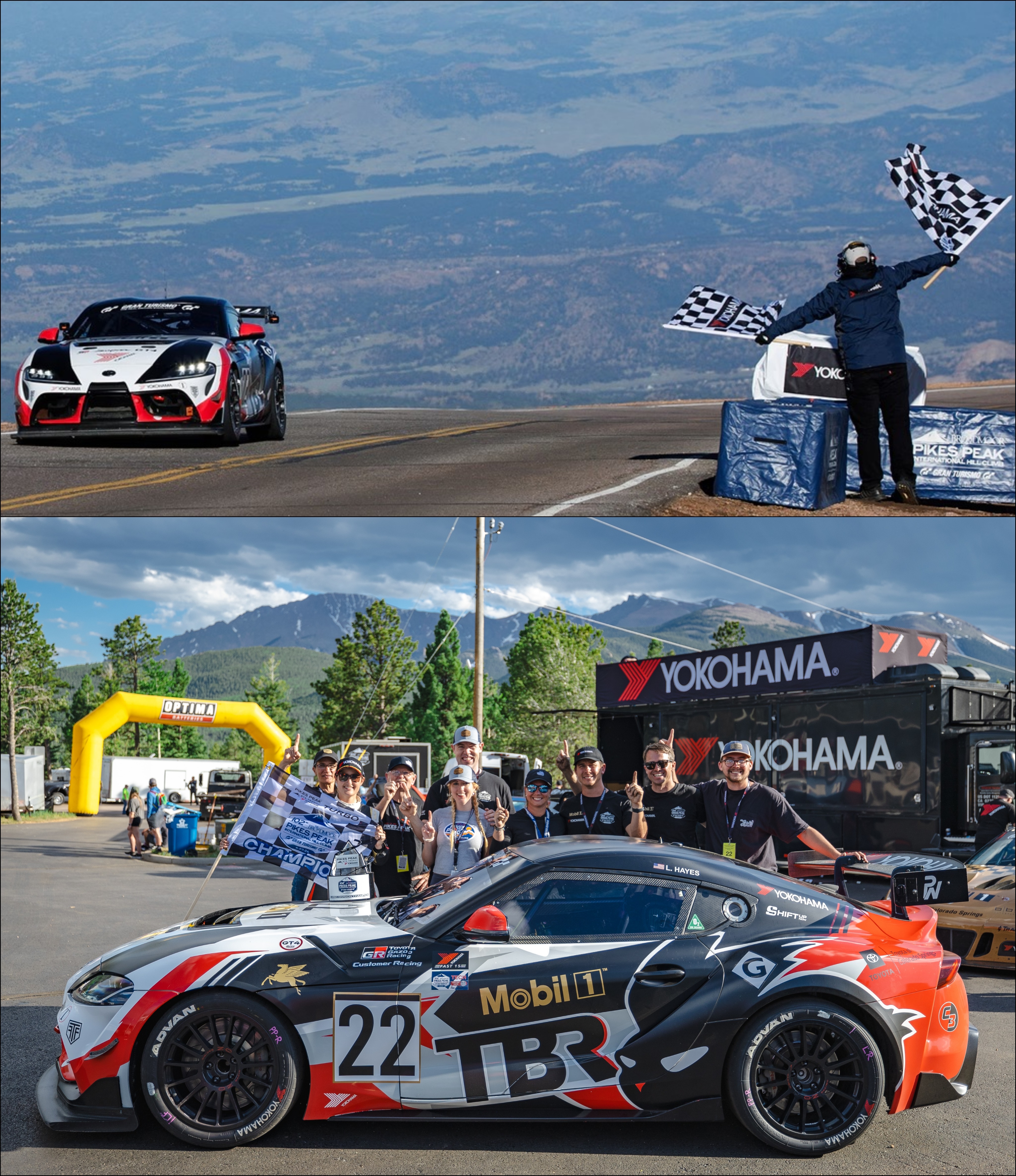 Laura Hayes and team celebrating the 2024 Pikes Peak GT4 Trophy win with the #22 Toyota GR Supra GT4